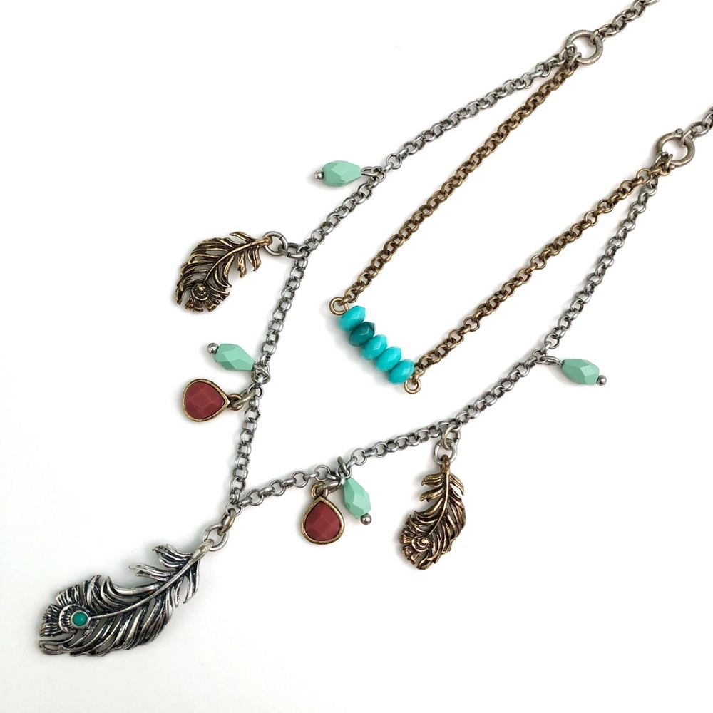 🎉HP🎉 LUCKY BRAND Faux Turquoise Silver Tone Feather Charm Necklace 18" NEW!